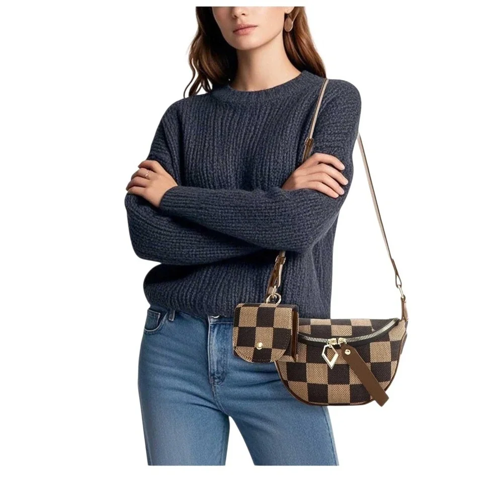 Checkerboard Crossbody Bag and Coin Purse Set Tan Black Canvas Gold Hardware